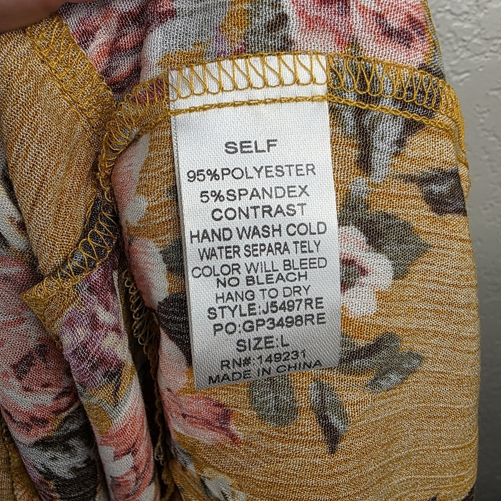 KORI America Boutique Floral Golden Yellow Dress Boho Romantic Tie-Neck – Size L - Picture 7 of 17